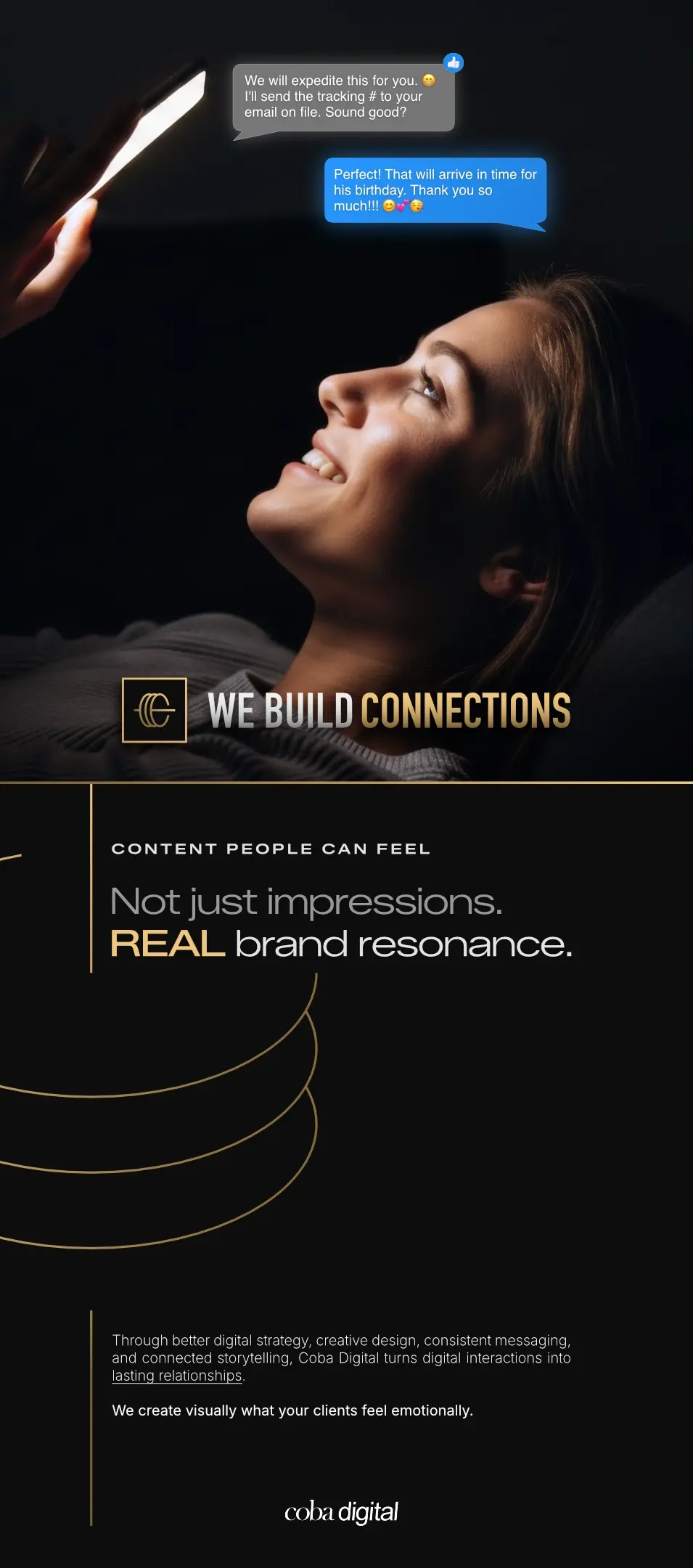 An advertisement for coba digital. We Build Connections. A woman looking at a phone with a customer service chat.