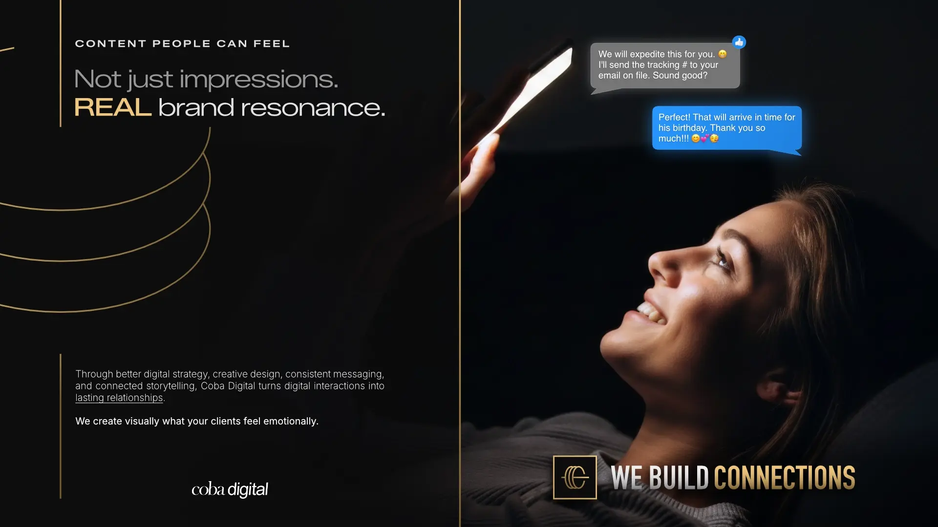 An advertisement for coba digital. We Build Connections. A woman looking at a phone with a customer service chat.
