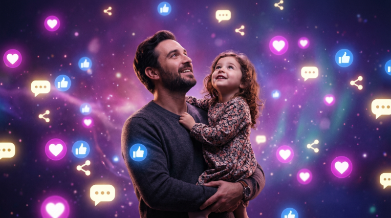 A father and daughter looking up in wonder at glowing emojis floating around them
